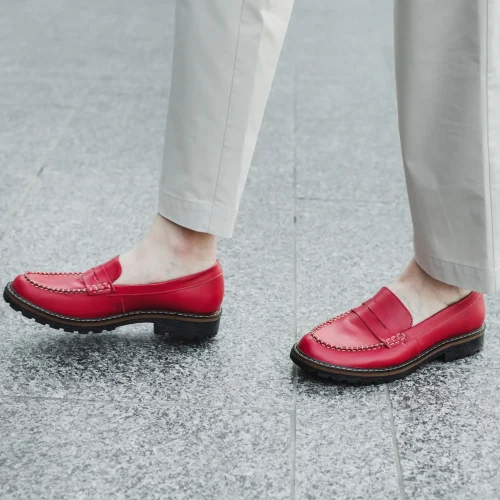 Red Penny Loafer Women Shoes, Flat Red Leather Loafers