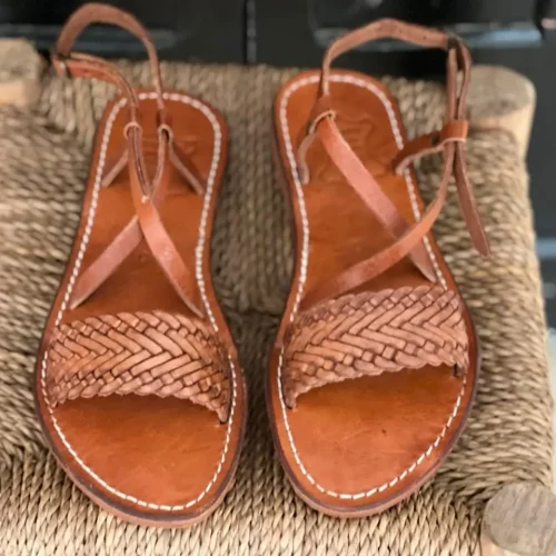 Women’s Brown Strappy Toe Loop Leather Sandals