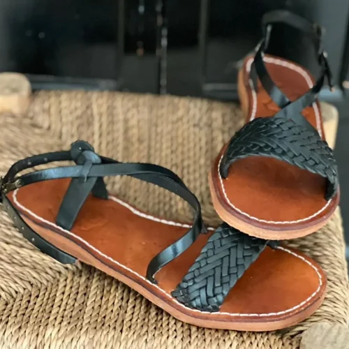 Black Braided Moroccan Handmade Leather Strap Sandals