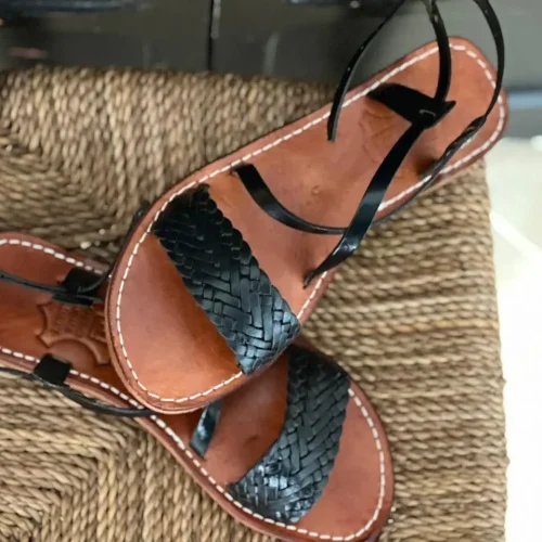 Black Braided Moroccan Handmade Leather Strap Sandals