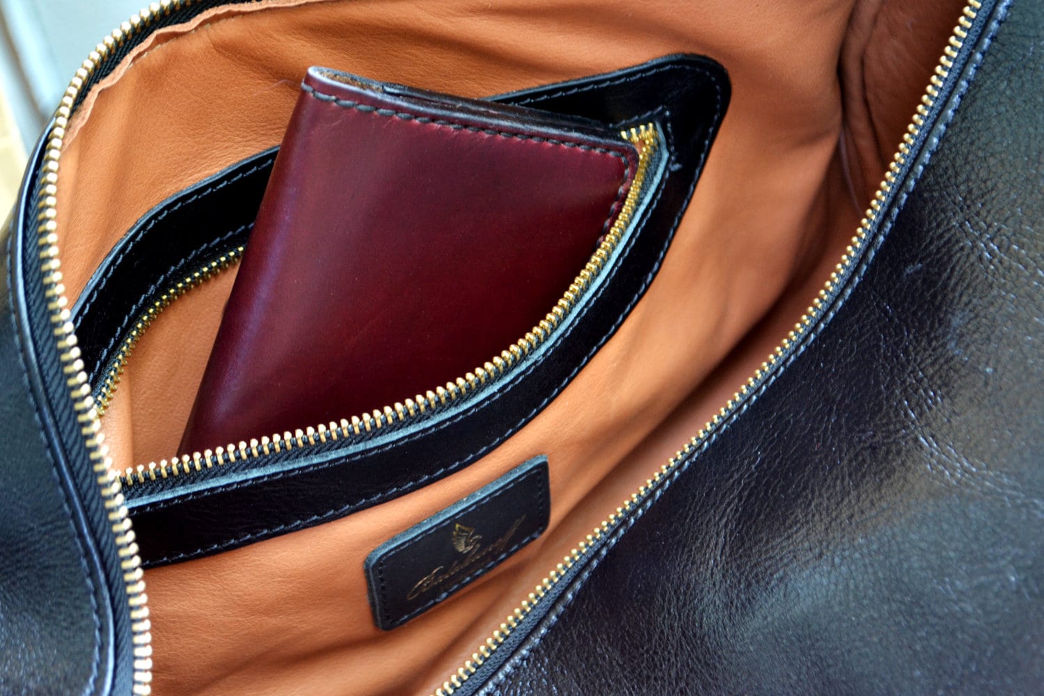 Black Leather Duffle Bag With Lining Inside /
