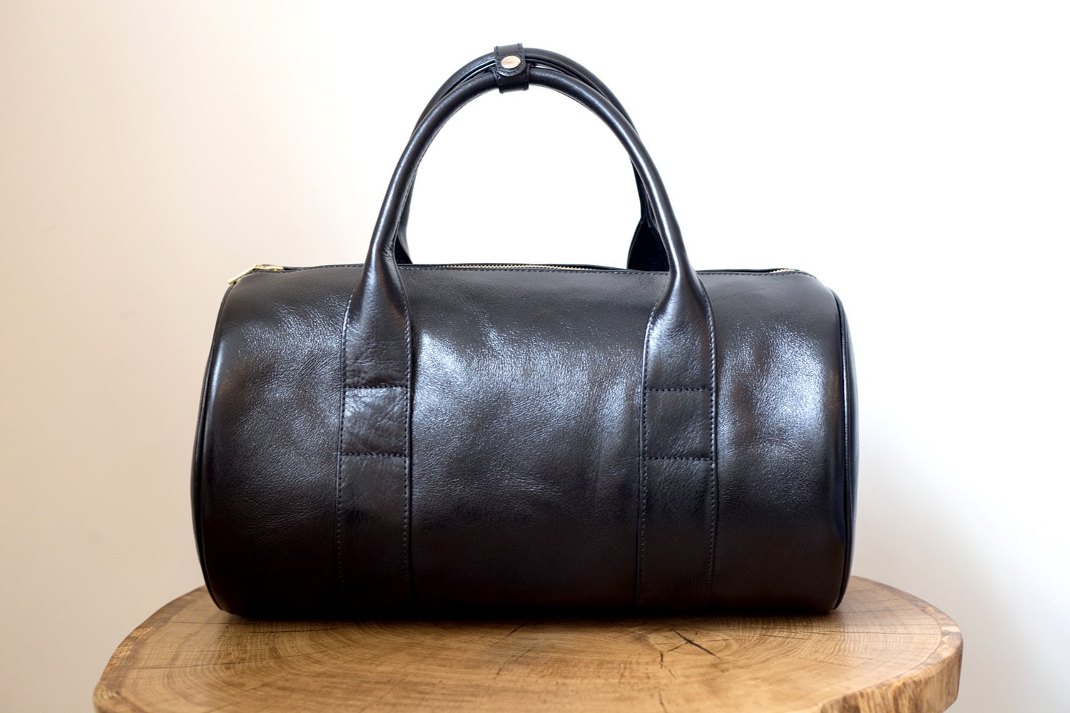 Black Leather Duffle Bag With Lining Inside /