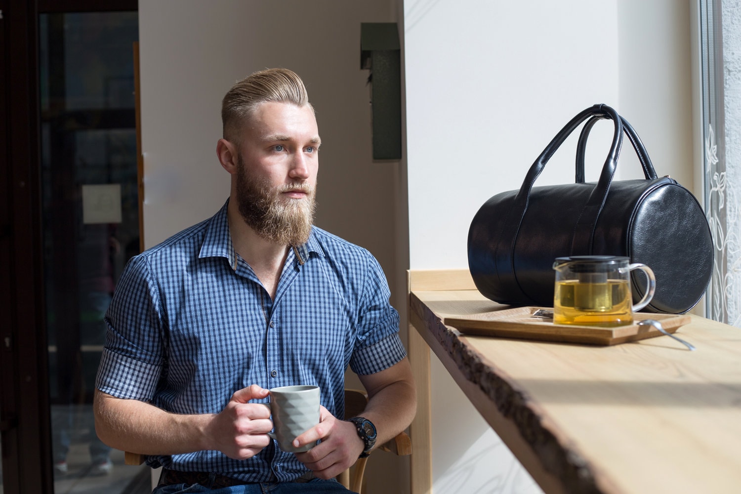 Black Leather Duffle Bag With Lining Inside /