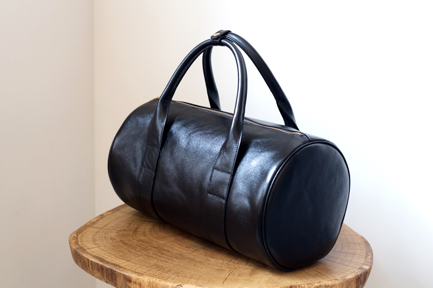 Black Leather Duffle Bag With Lining Inside /