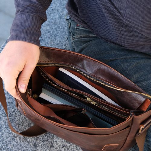Personalized Brown Leather Laptop Messenger Bag: Full Grain