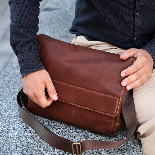 Personalized Leather Laptop Messenger Bag: Light Brown Monogrammed