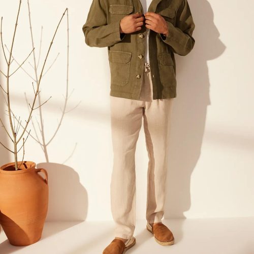 Men's Vintage Linen Safari Jacket: Military Green Utility