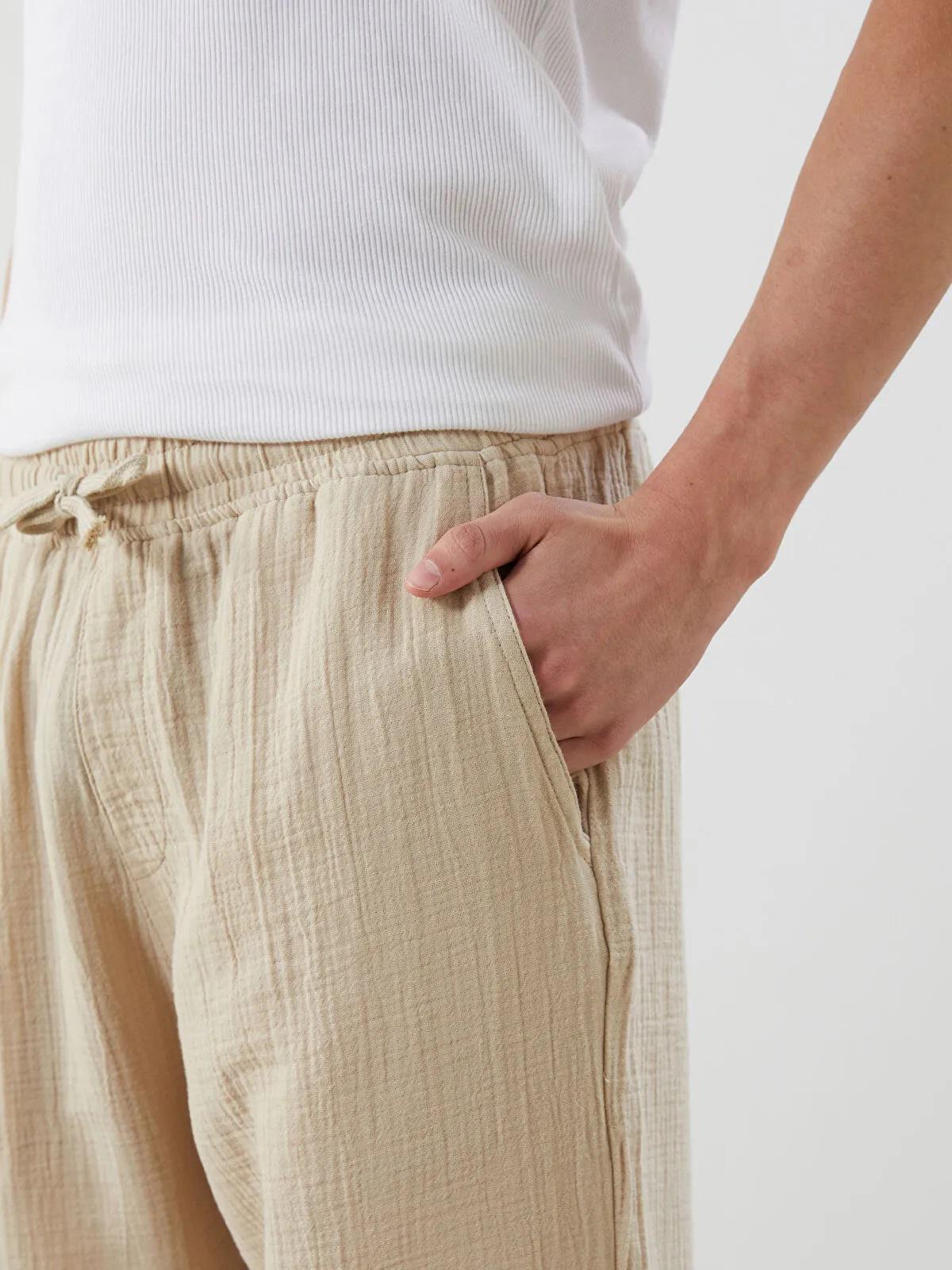 Men's Muslin Linen Pants: Elastic Waist Summer Beach