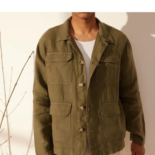 Men's Vintage Linen Safari Jacket: Military Green Utility