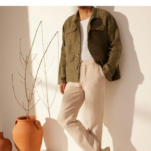 Men's Vintage Linen Safari Jacket: Military Green Utility