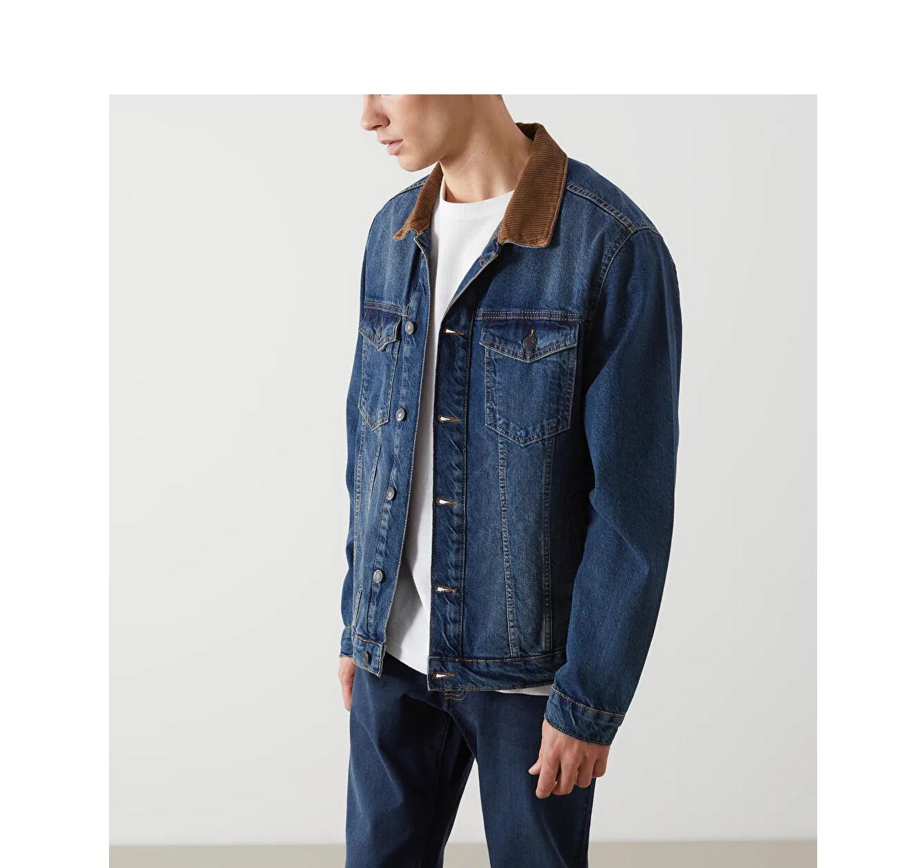Corduroy Collar Denim Jacket: Vintage Style Blue Jean
