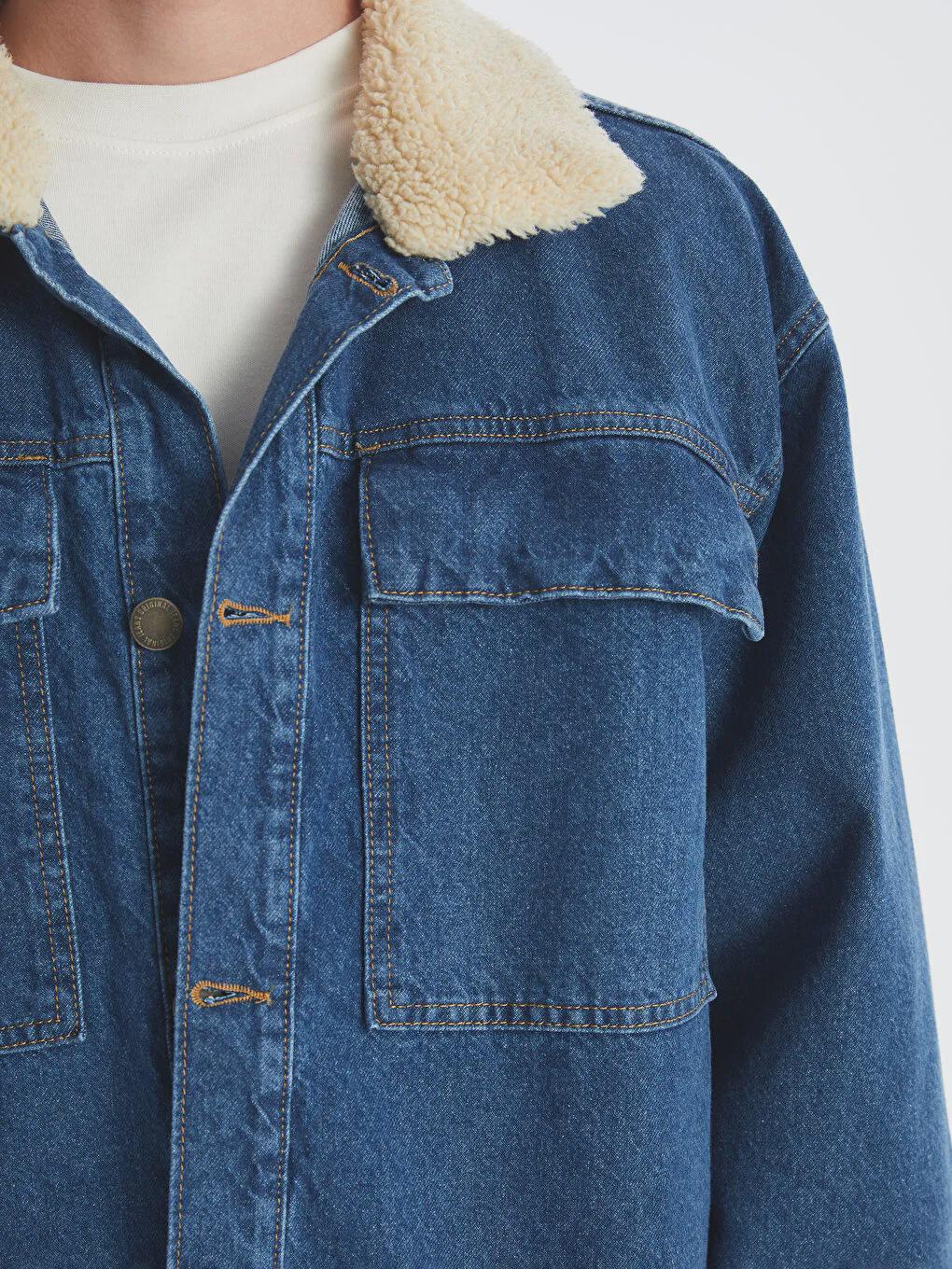 Corduroy Collar Denim Jacket: Vintage Style Blue Jean