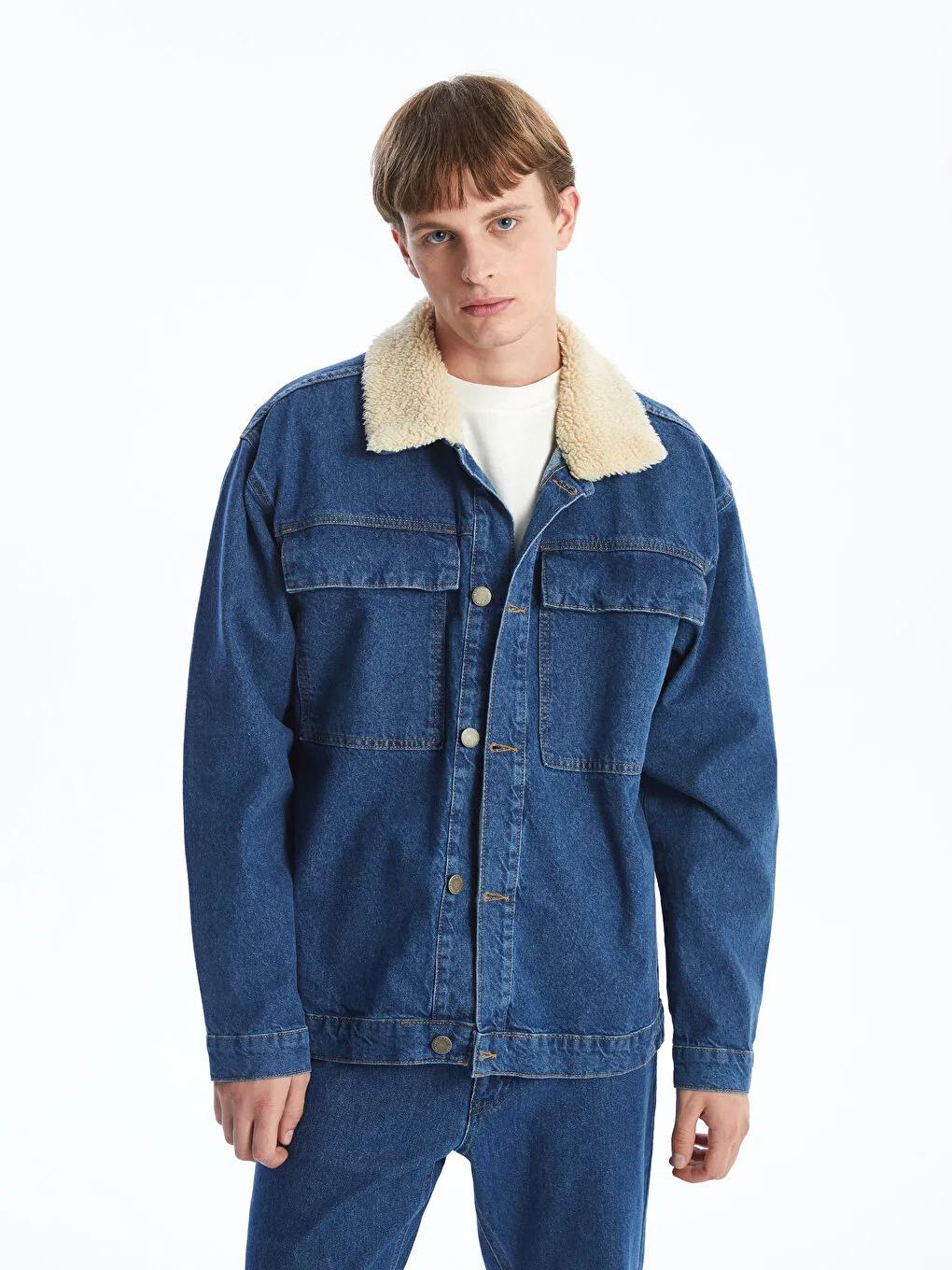 Corduroy Collar Denim Jacket: Vintage Style Blue Jean