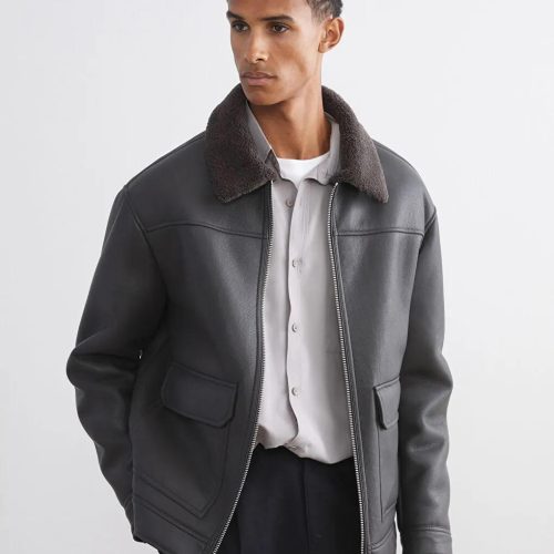 Men's Faux Leather Aviator Jacket Sherpa Collar Black