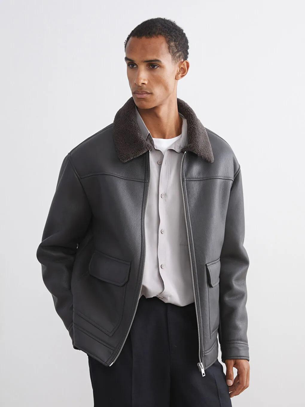 Men's Faux Leather Aviator Jacket Sherpa Collar Black