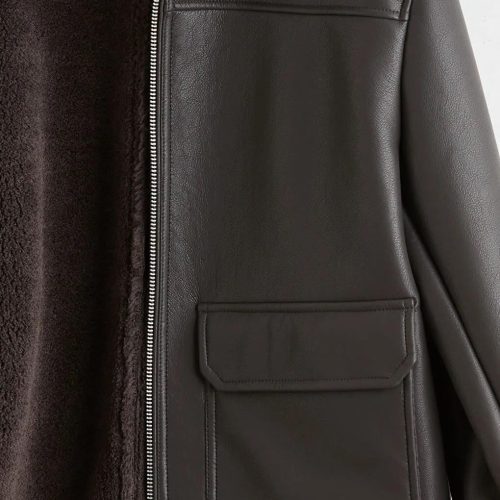 Men's Faux Leather Aviator Jacket Sherpa Collar Black
