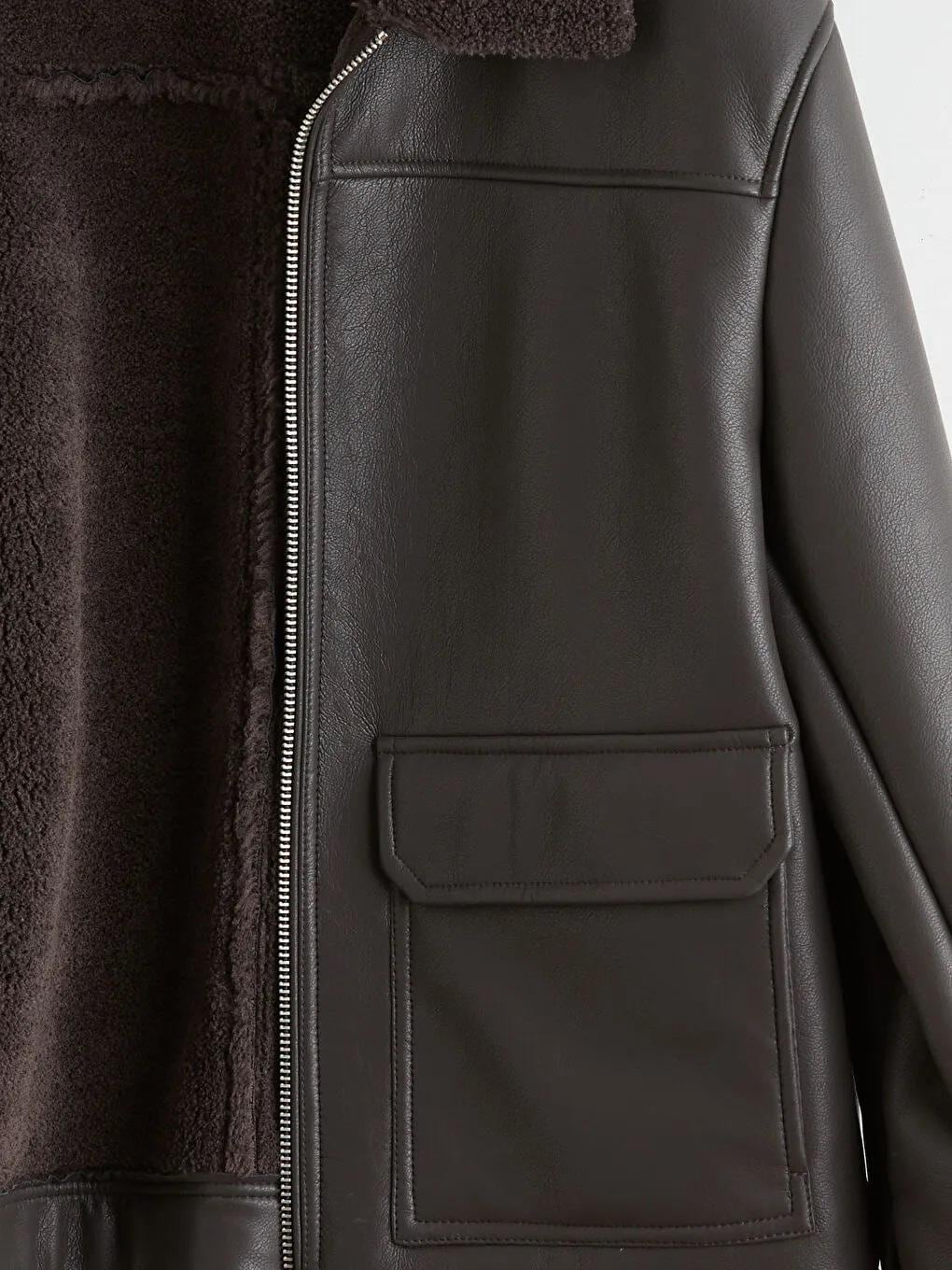 Men's Faux Leather Aviator Jacket Sherpa Collar Black