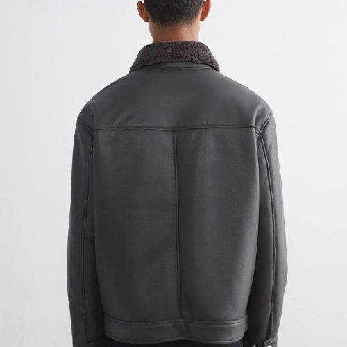 Men's Faux Leather Aviator Jacket Sherpa Collar Black