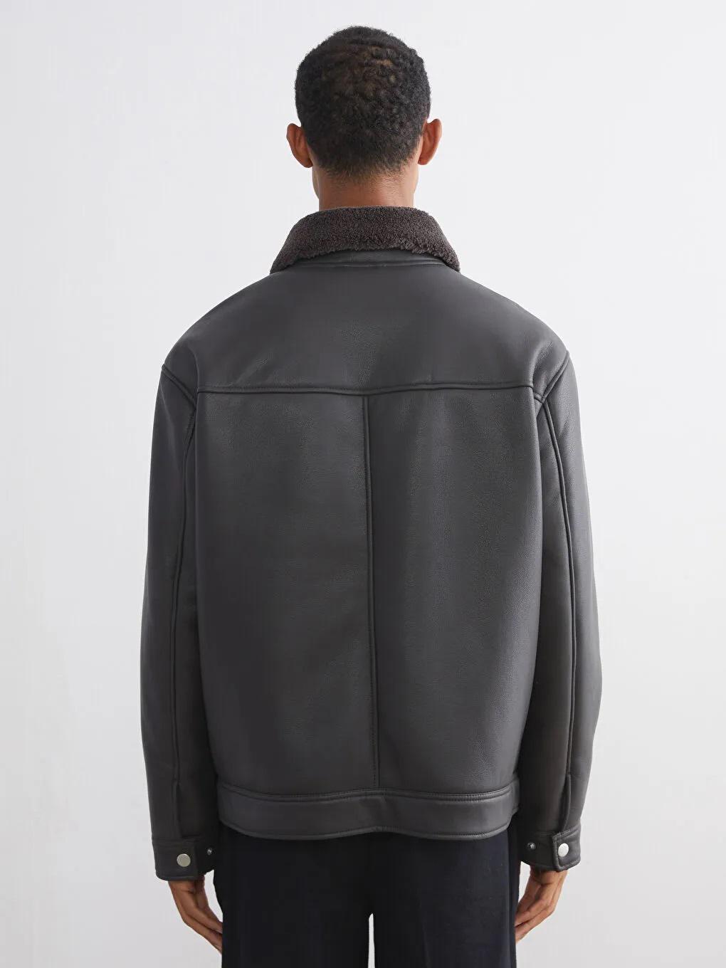 Men's Faux Leather Aviator Jacket Sherpa Collar Black