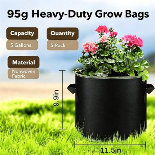5-pack 5 Gallon Grow Bags Heavy Duty Aeration Fabric Pots With Handles For Veget
